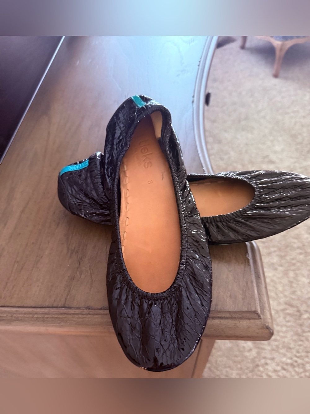 Reflex Black Patent Ballet Flats with Teal Heel Tab